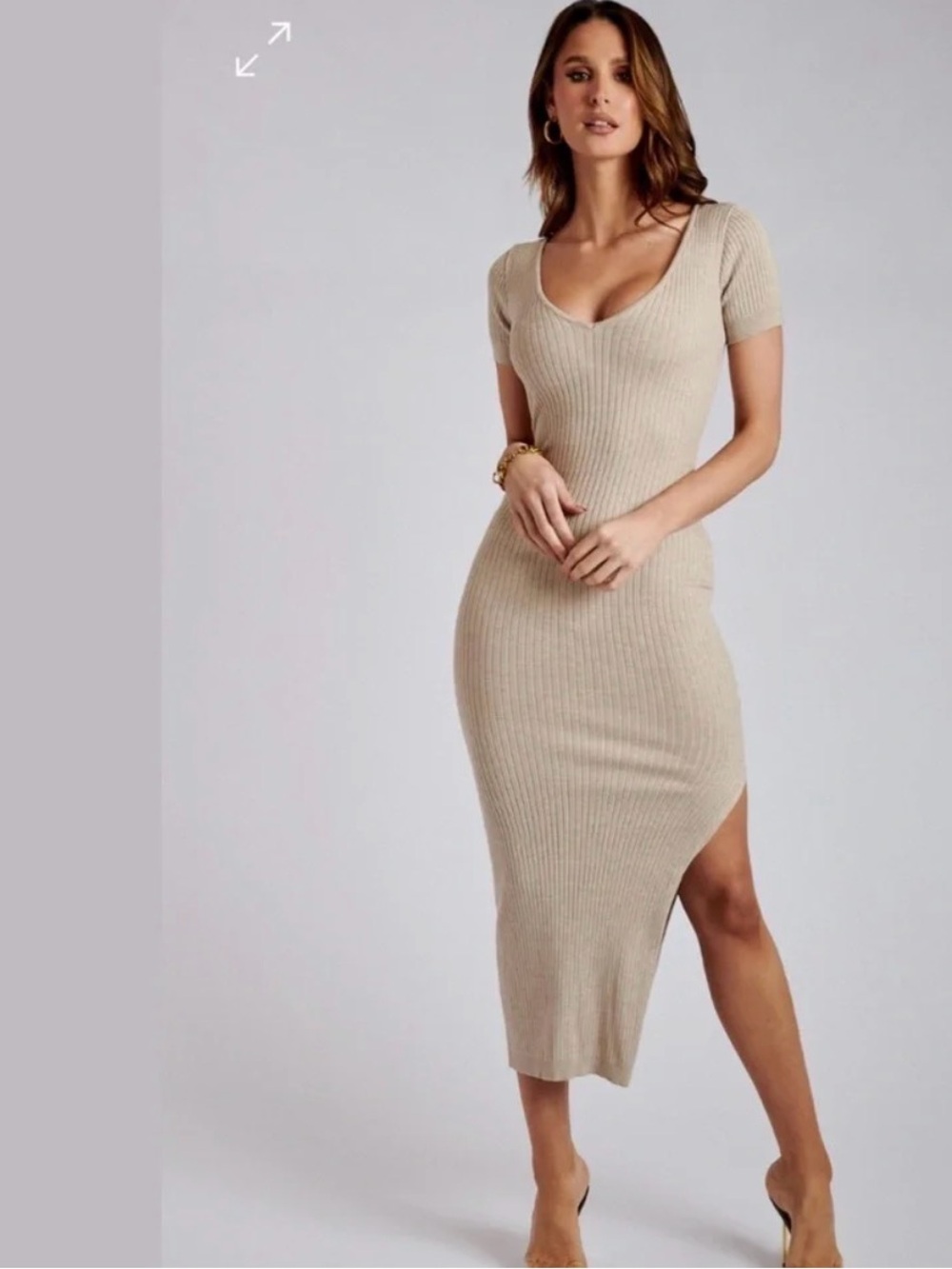 Meshki Beige Ribbed Sweater Midi Dress